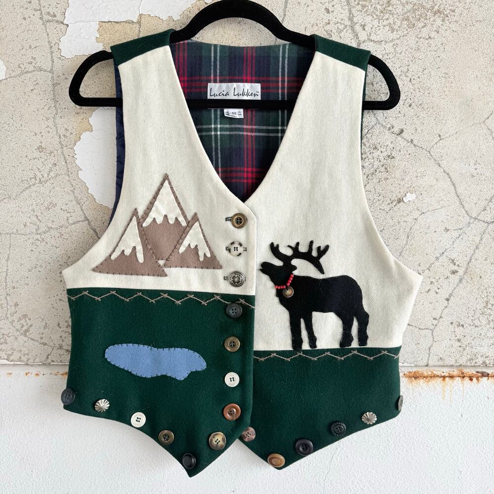 Vtg Wool Felt Vest Moose Mountains Velvet Applique‎ Lucia Lukken Broomskirts M